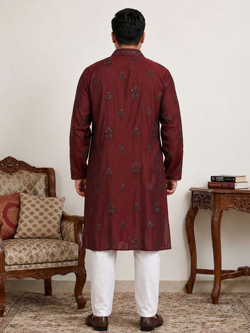Men Solid With Work Mandarin Neck Kurta Pyjama With Dupatta Set - 22595357 -  Standard Image - 3