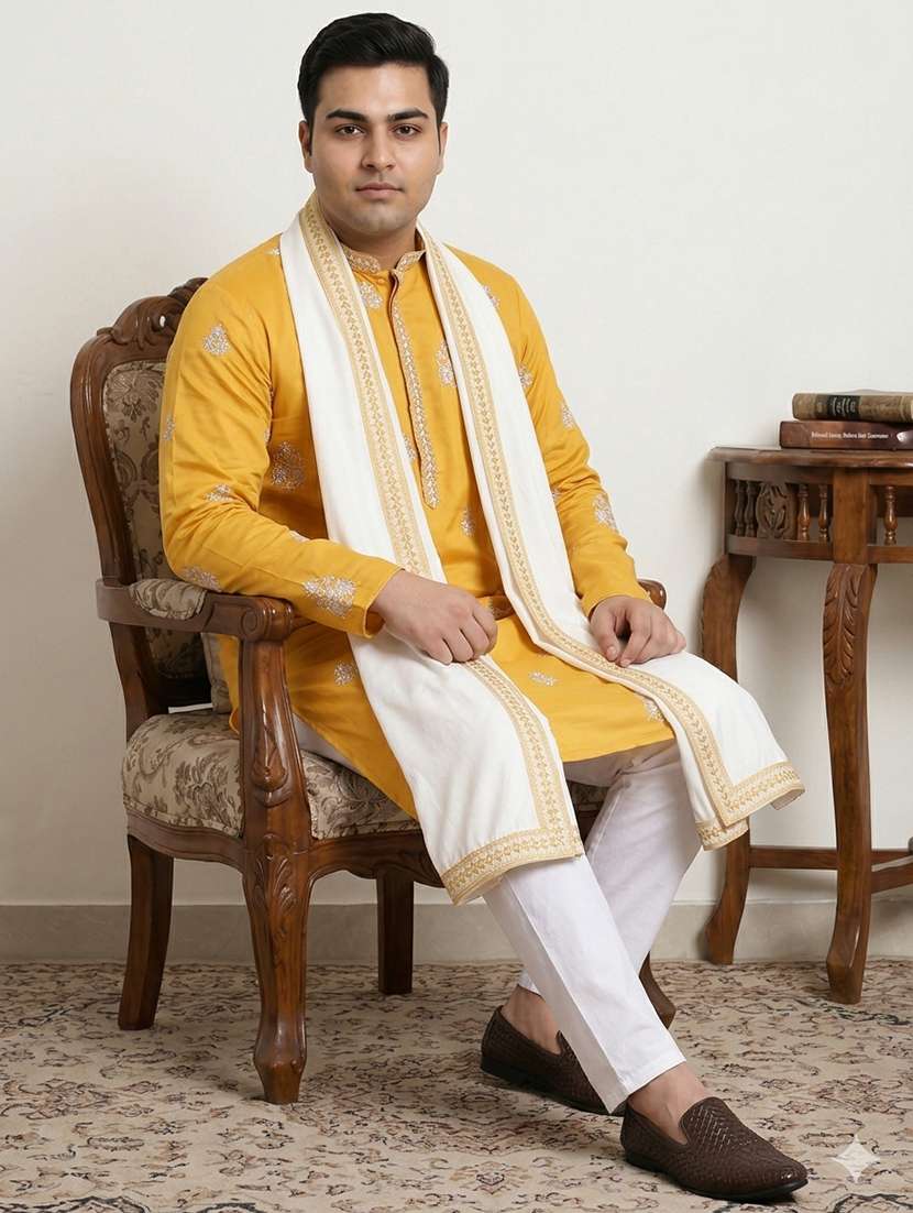 men solid with work mandarin neck kurta pyjama with dupatta set