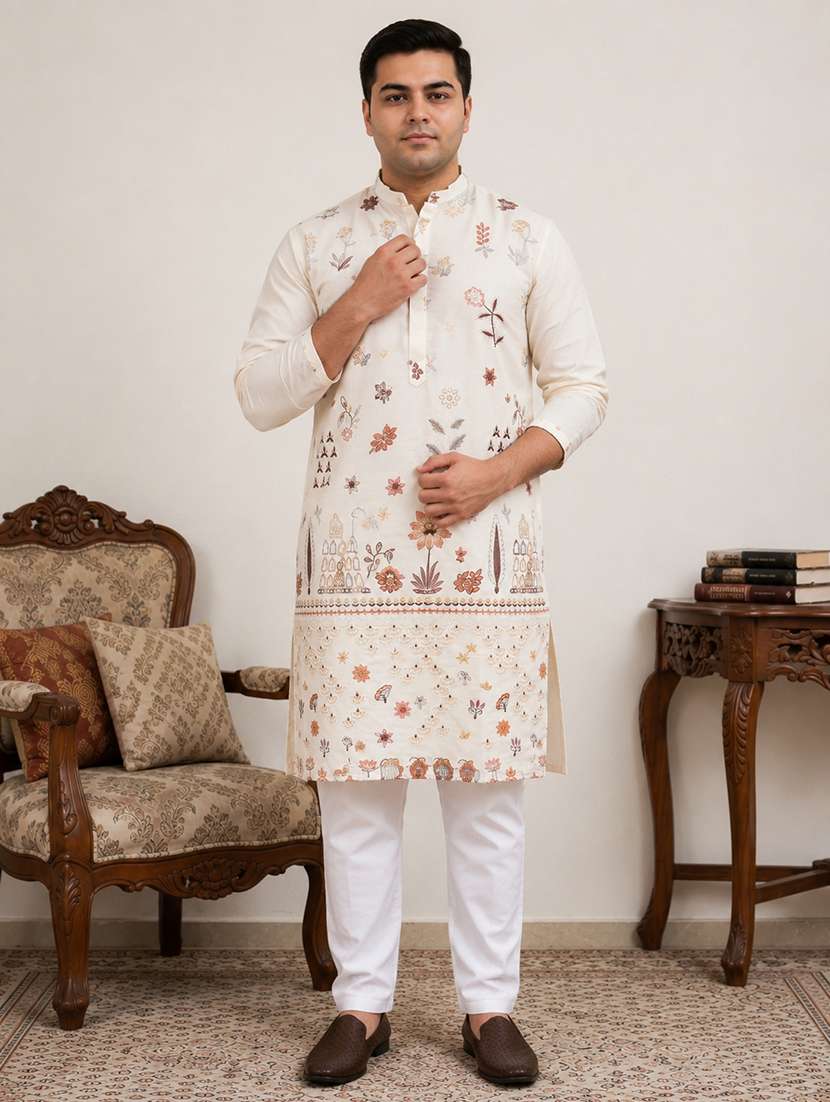 men solid with work mandarin neck kurta pyjama set