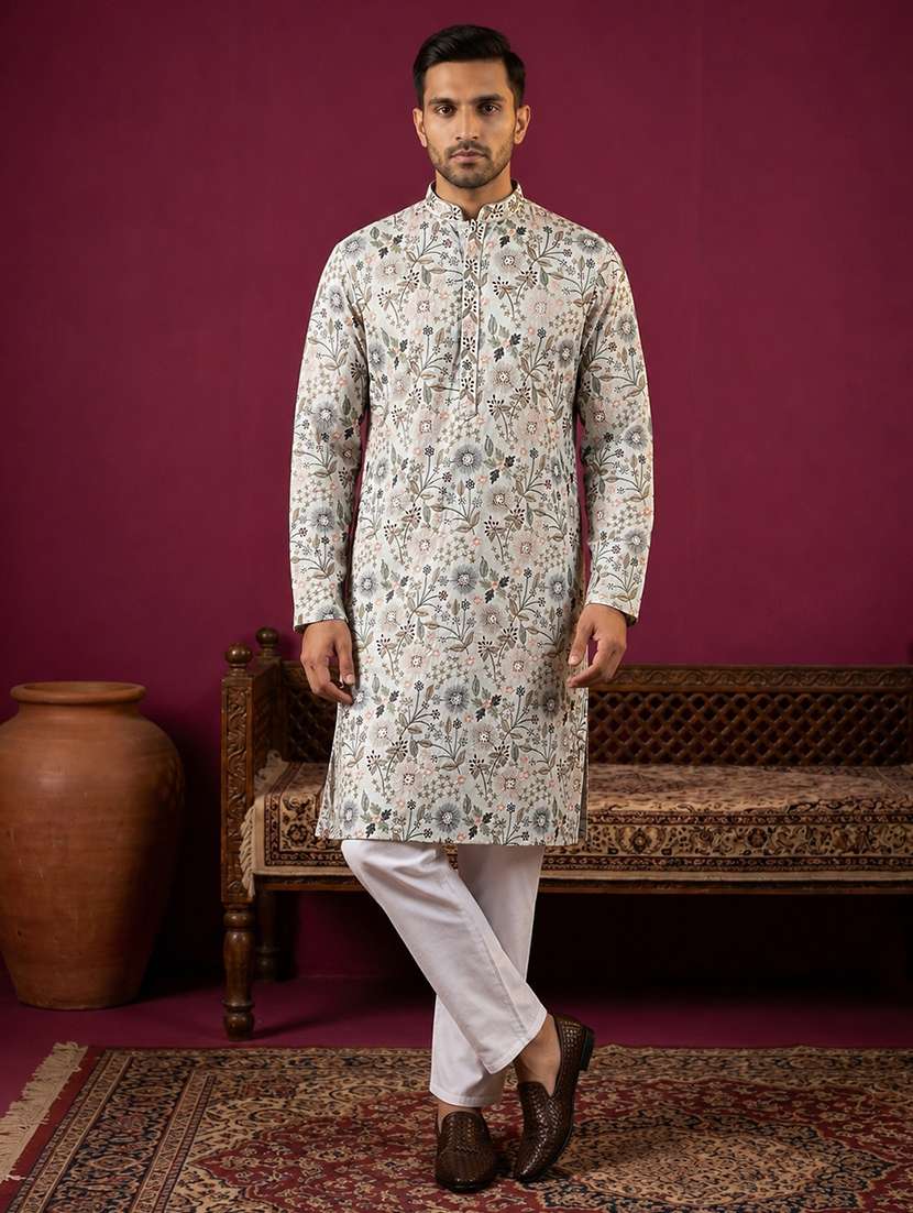 men solid with work mandarin neck kurta pyjama set