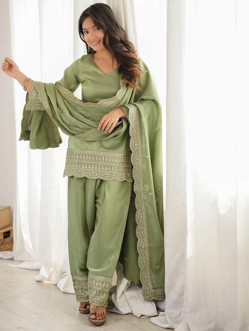 women embroidered three quarter sleeves kurta salwar set with dupatta