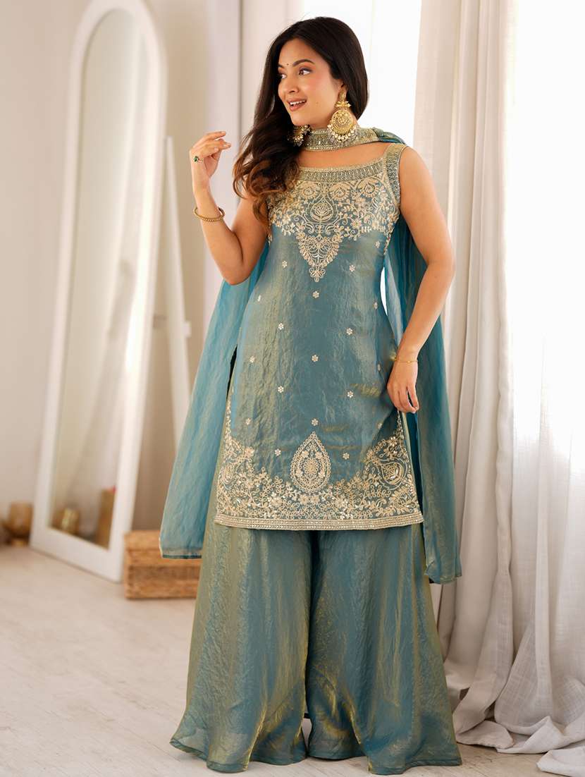 women embroidered sleeveless kurta palazzo set with dupatta