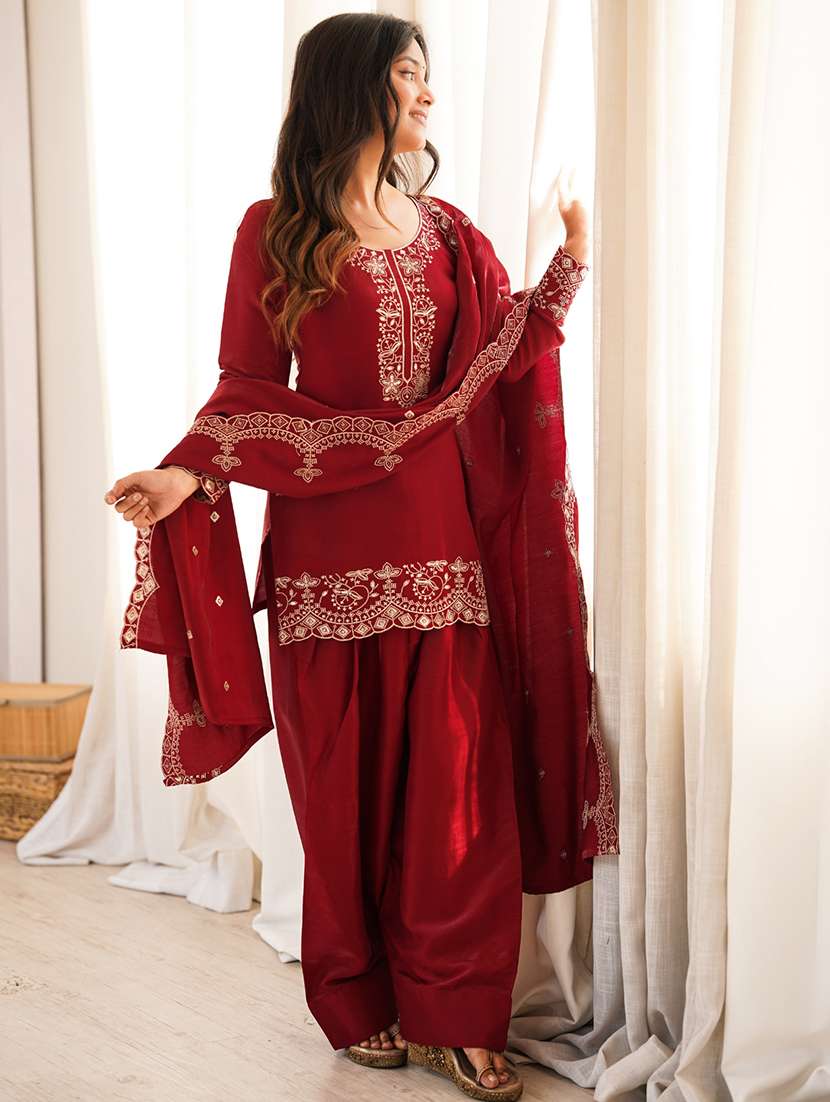 women embroidered three quarter sleeves kurta farshi salwar set with dupatta - 22595383 -  Standard Image - 5