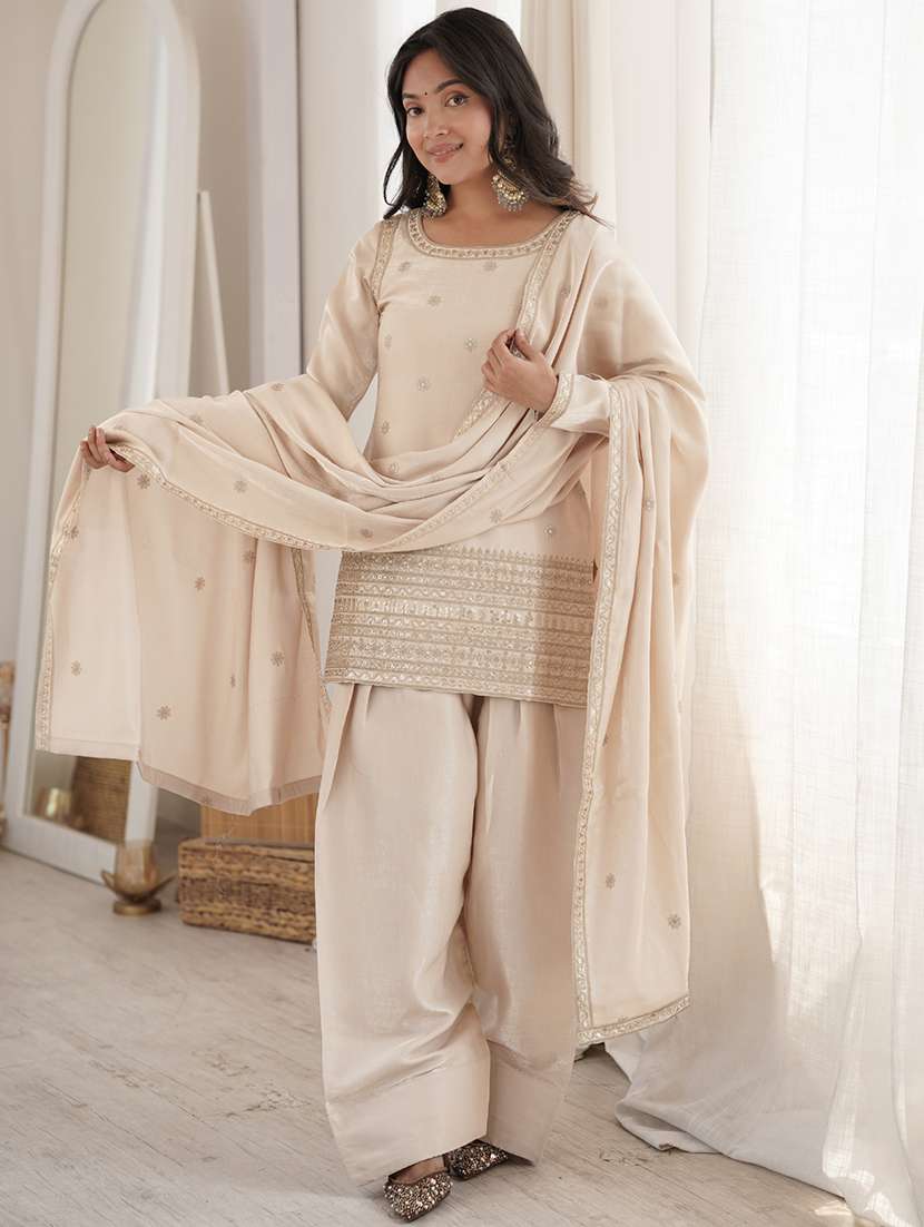 women embroidered long sleeves kurta salwar set with dupatta
