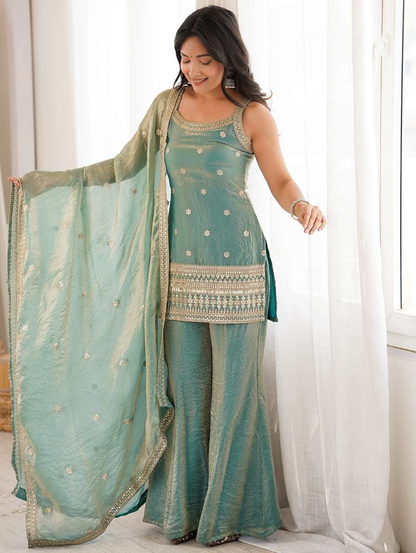 women embroidered sleeveless kurta palazzo set with dupatta - 22595387 -  Standard Image - 5