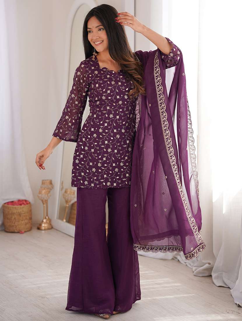 women embroidered three quarter sleeves kurta palazzo set with dupatta - 22595390 -  Standard Image - 3