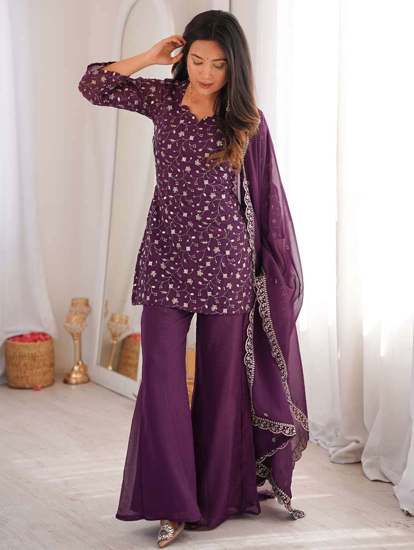 women embroidered three quarter sleeves kurta palazzo set with dupatta - 22595390 -  Standard Image - 5
