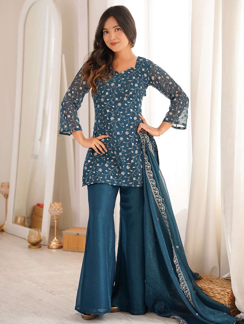 women embroidered three quarter sleeves kurta palazzo set with dupatta - 22595391 -  Standard Image - 3