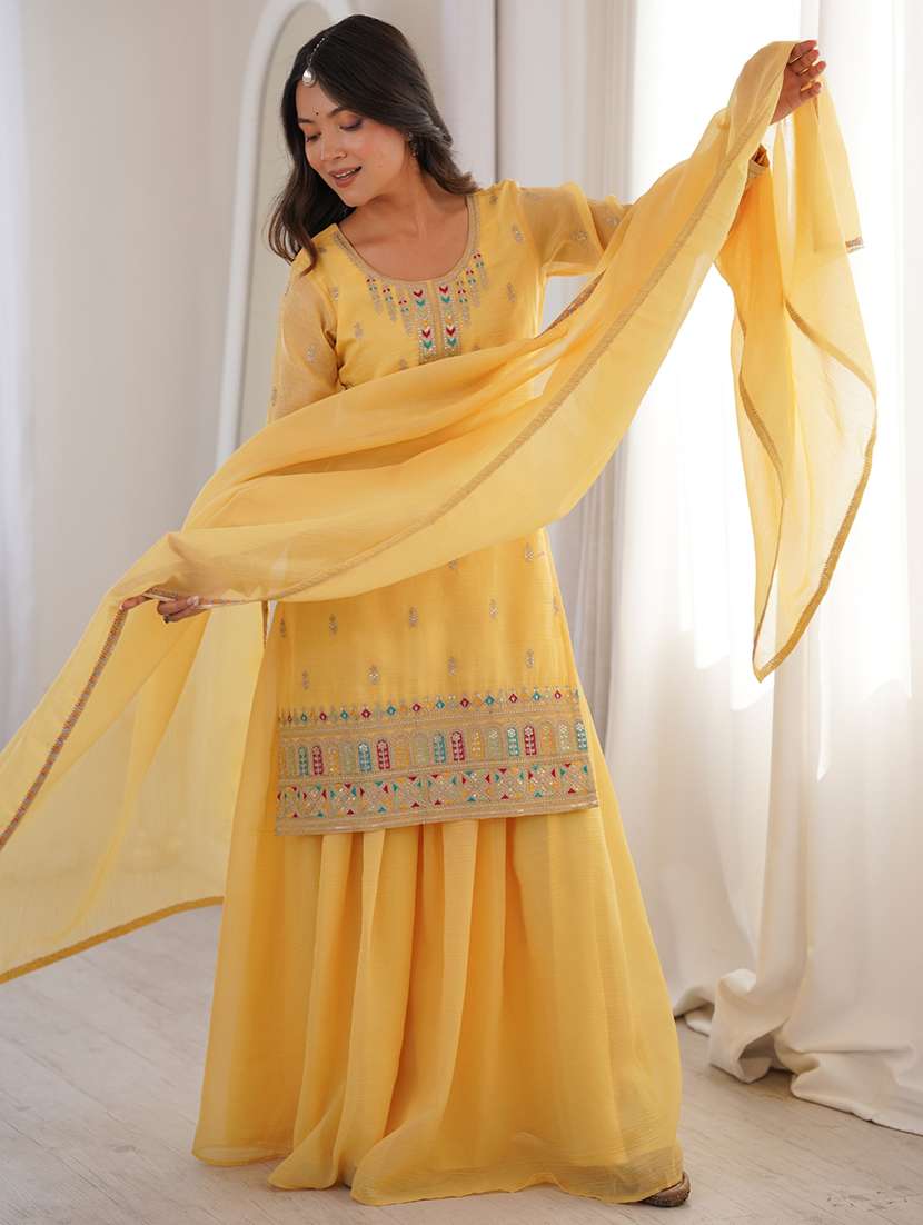 women embroidered long sleeves kurta palazzo set with dupatta