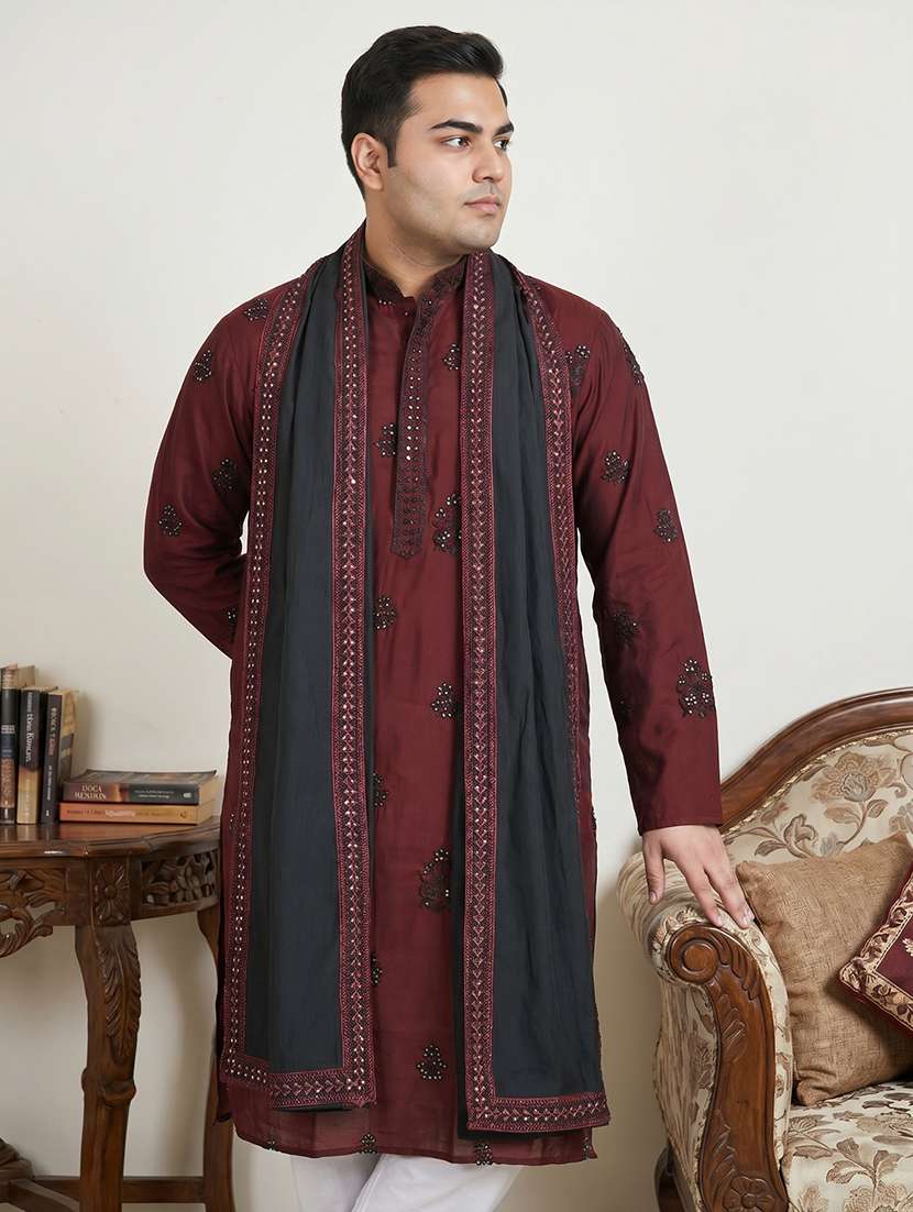 men solid with work mandarin neck long kurta
