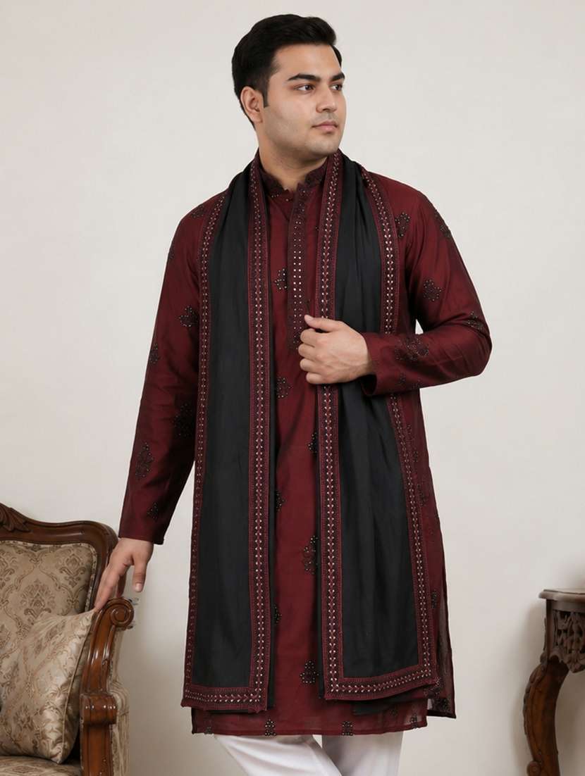 men solid with work mandarin neck long kurta - 22595418 -  Standard Image - 3
