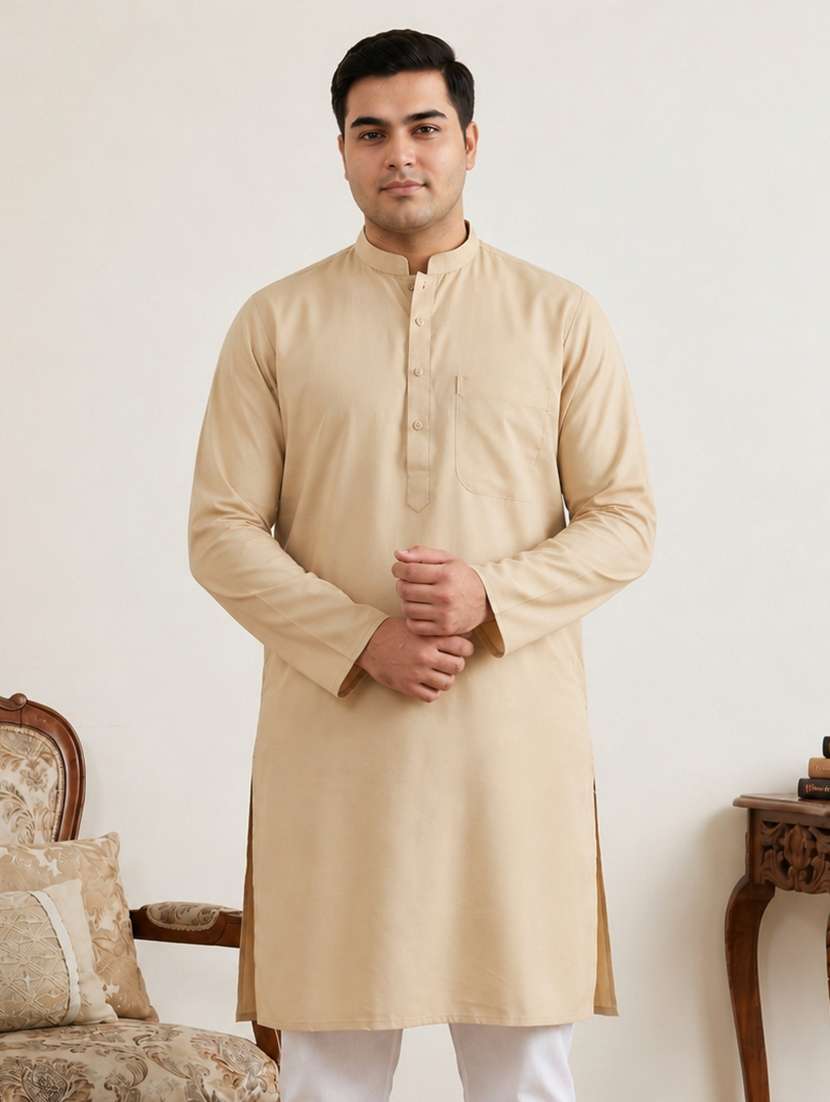 Men Solid Mandarin Neck Long Kurta - 22595424 -  Standard Image - 3