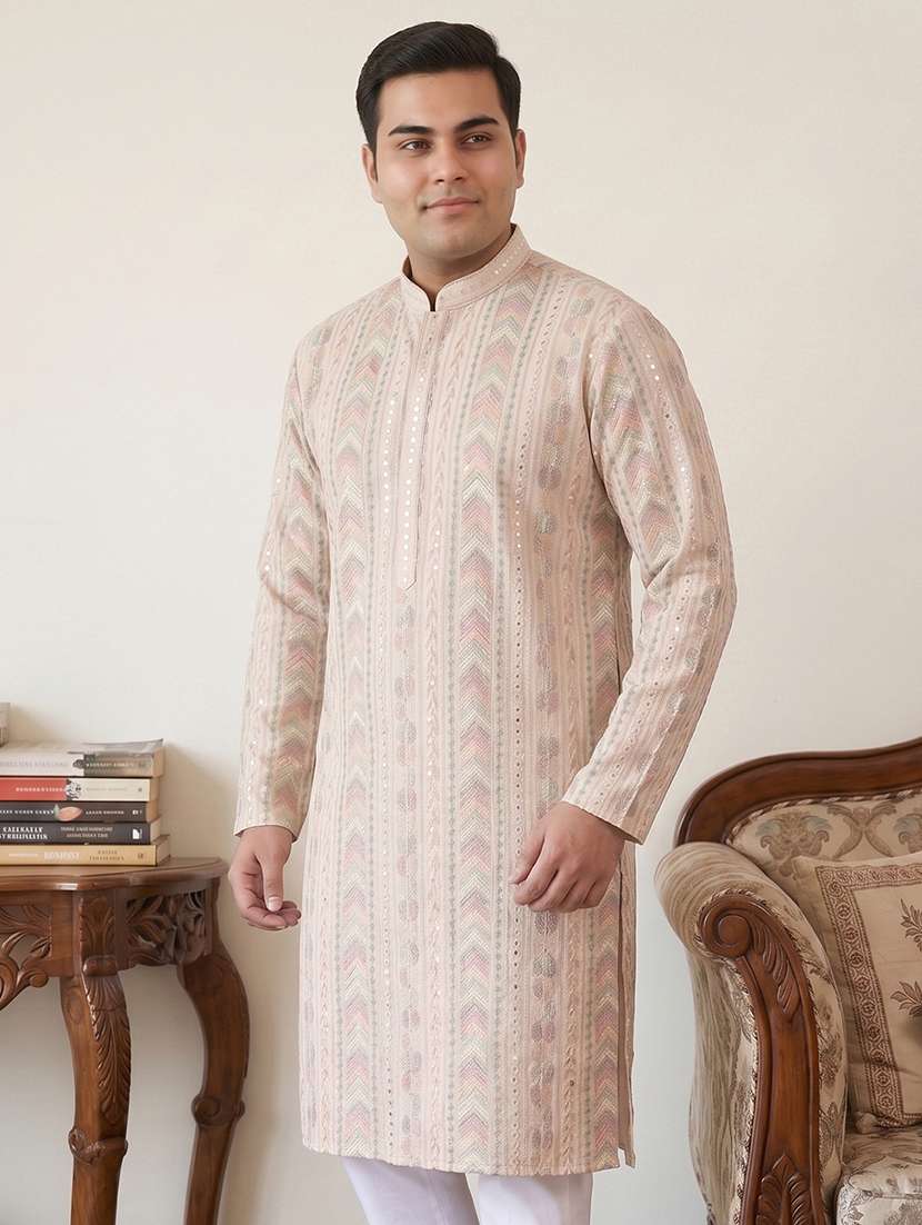 men solid with work mandarin neck long kurta - 22595430 -  Standard Image - 3