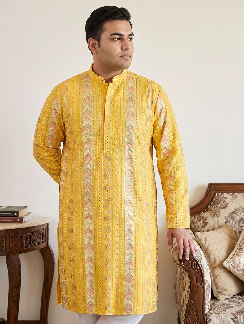 men solid with work mandarin neck long kurta