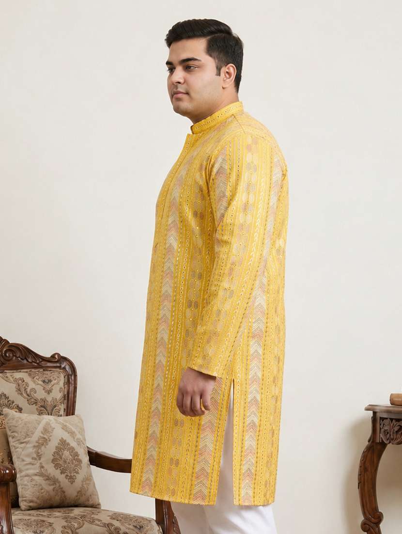 men solid with work mandarin neck long kurta - 22595431 -  Standard Image - 3