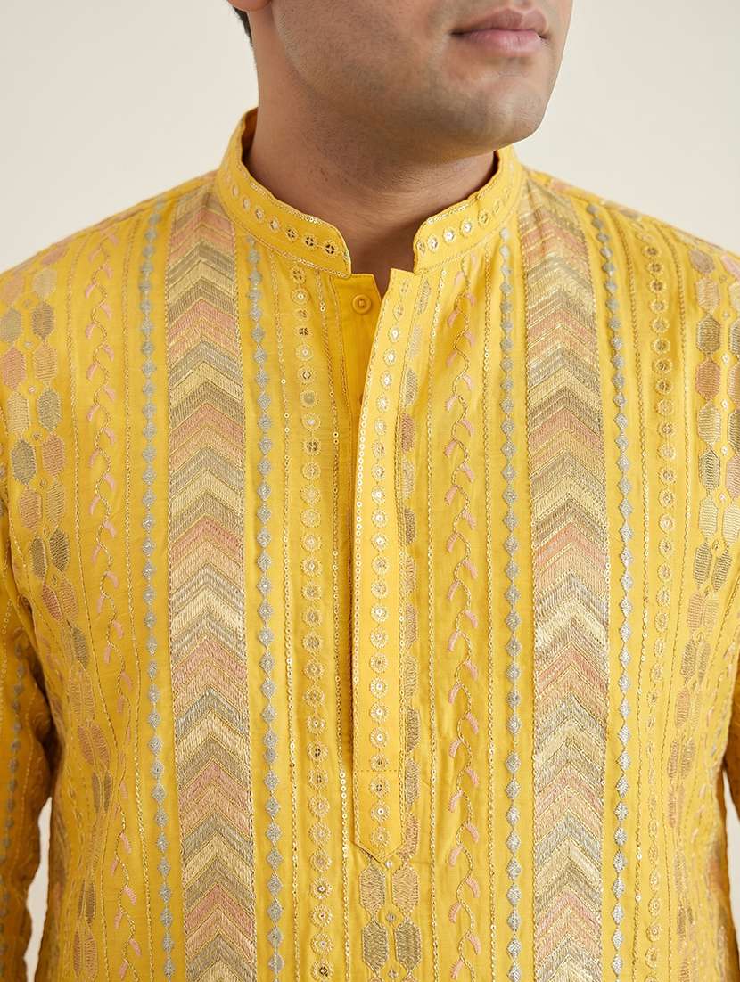 men solid with work mandarin neck long kurta - 22595431 -  Standard Image - 5