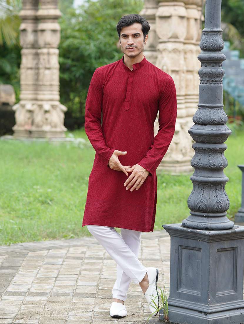 men solid with work mandarin neck kurta pyjama set