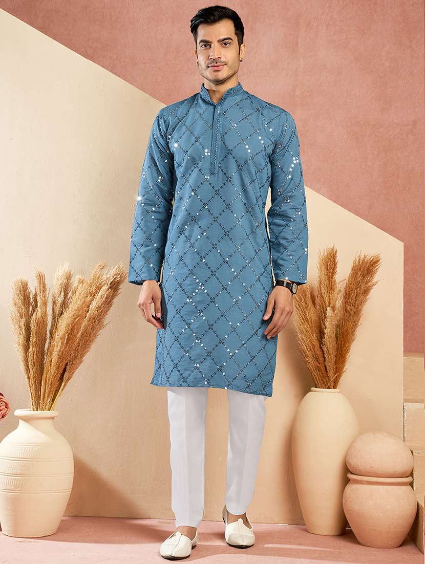 men solid with work mandarin neck kurta pyjama set