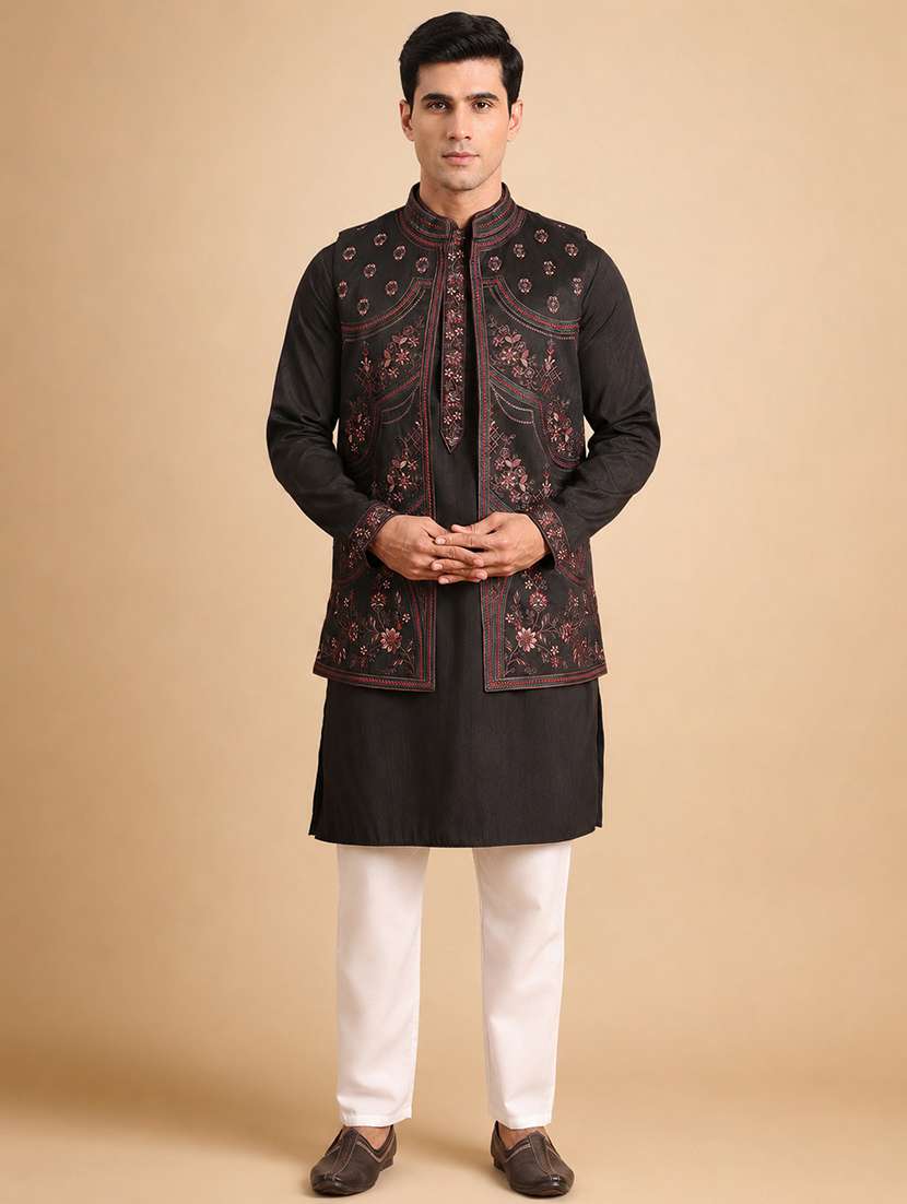 men solid with work mandarin neck kurta pyjama with jacket set