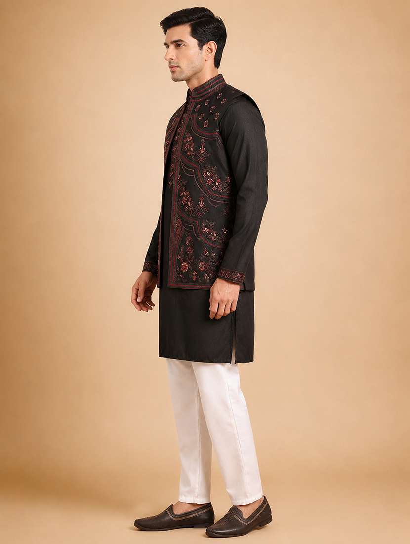 Men Solid With Work Mandarin Neck Kurta Pyjama With Jacket Set - 22595790 -  Standard Image - 3