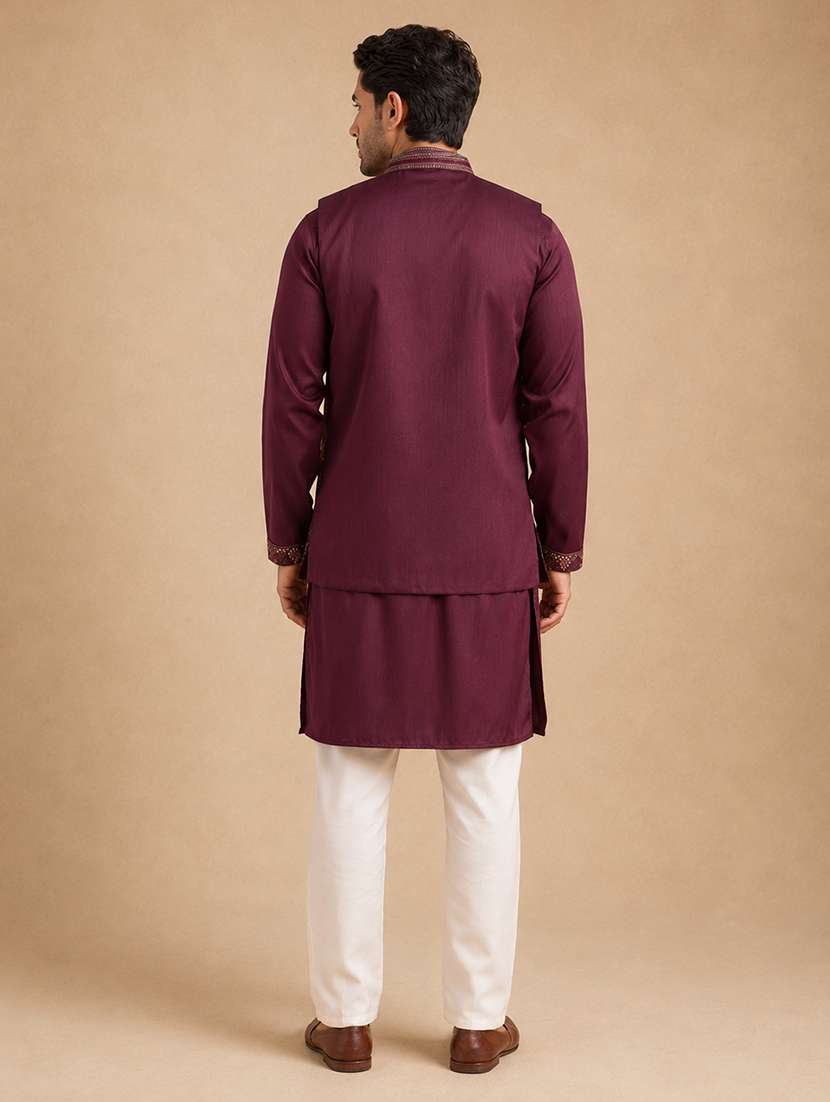 Men Solid With Work Mandarin Neck Kurta Pyjama With Jacket Set - 22595792 -  Standard Image - 3