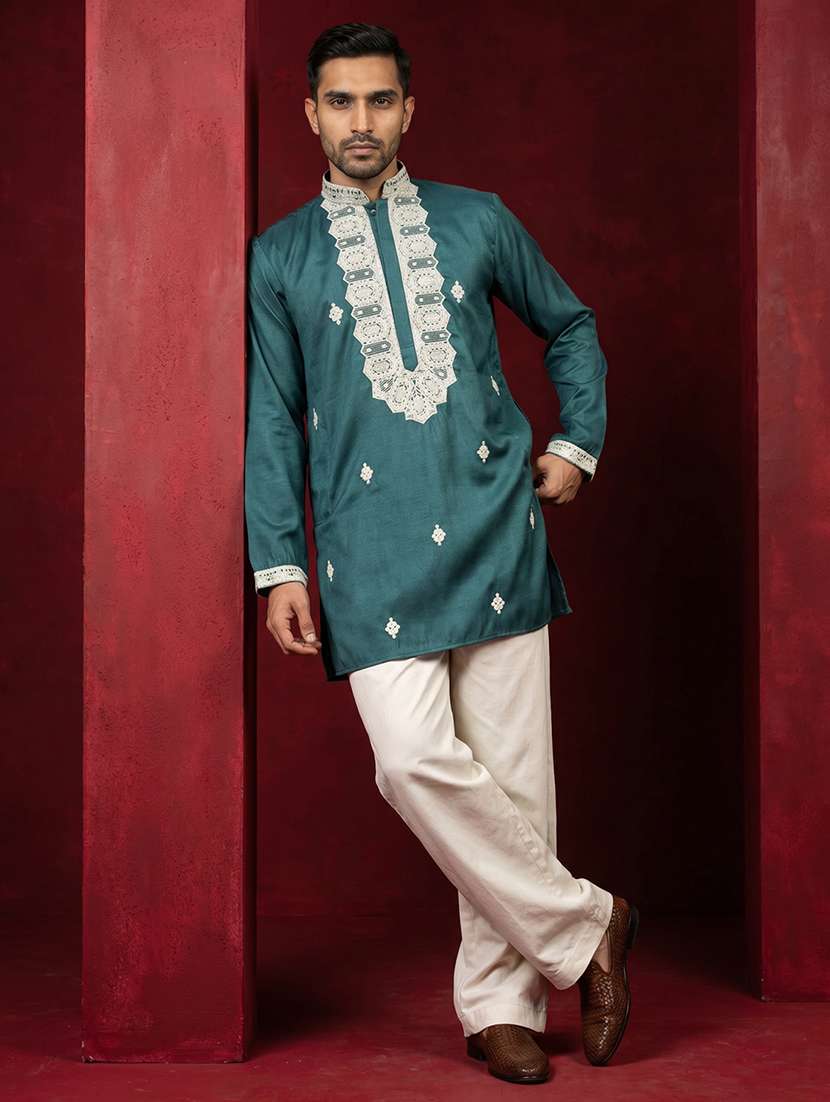men solid with work mandarin neck kurta pyjama set