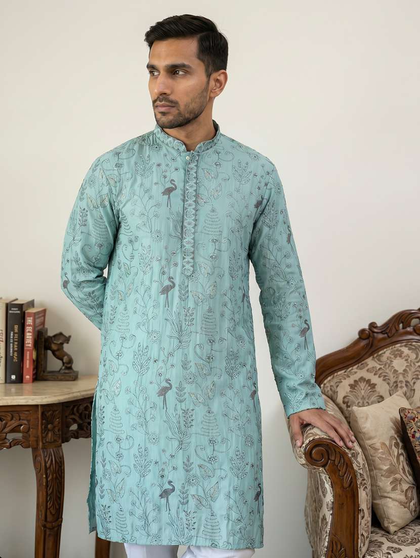men embroidered mandarin neck long kurta