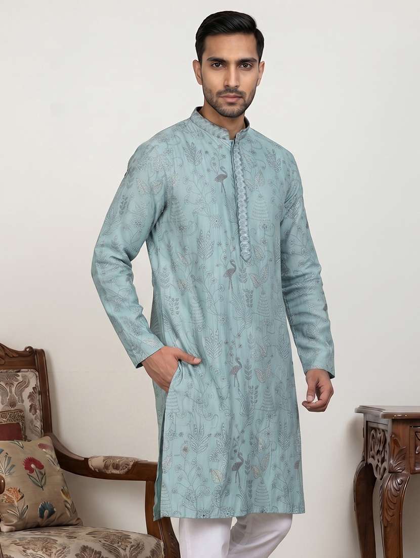 Men Embroidered Mandarin Neck Long Kurta - 22595928 -  Standard Image - 3