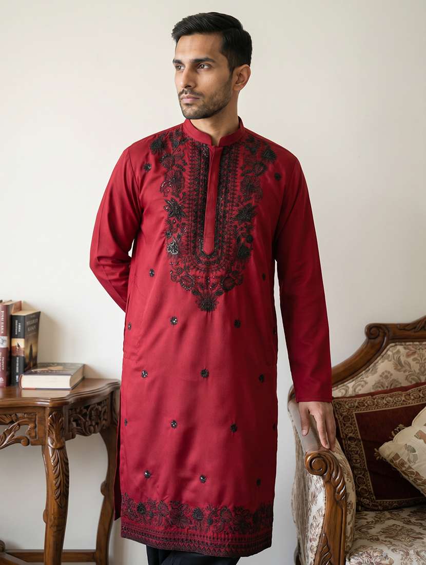 men solid with work mandarin neck long kurta