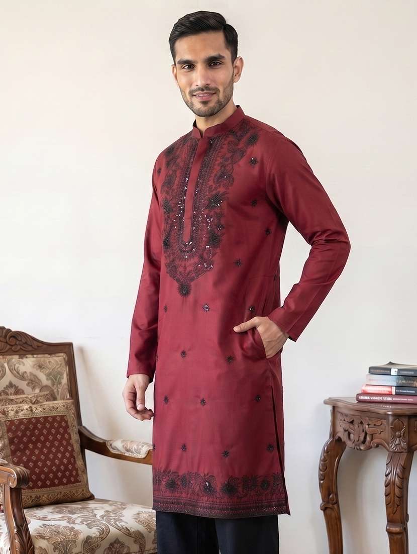 men solid with work mandarin neck long kurta - 22595941 -  Standard Image - 3