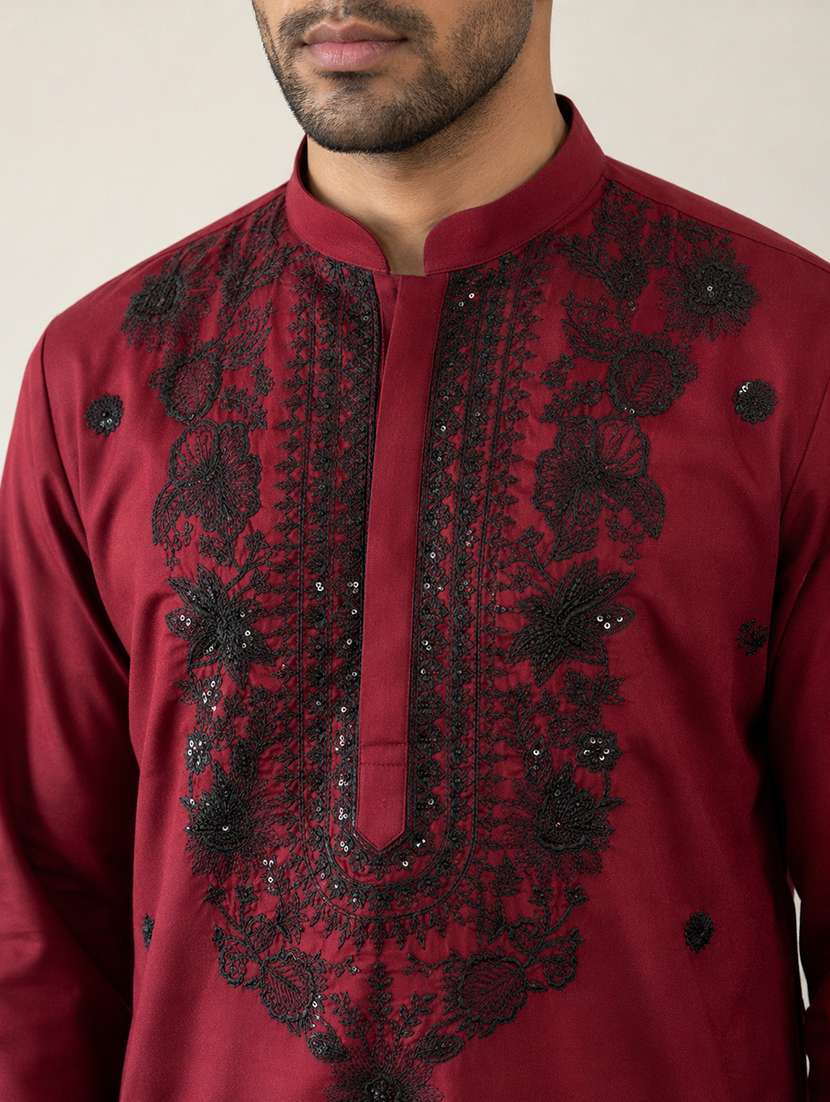men solid with work mandarin neck long kurta - 22595941 -  Standard Image - 5