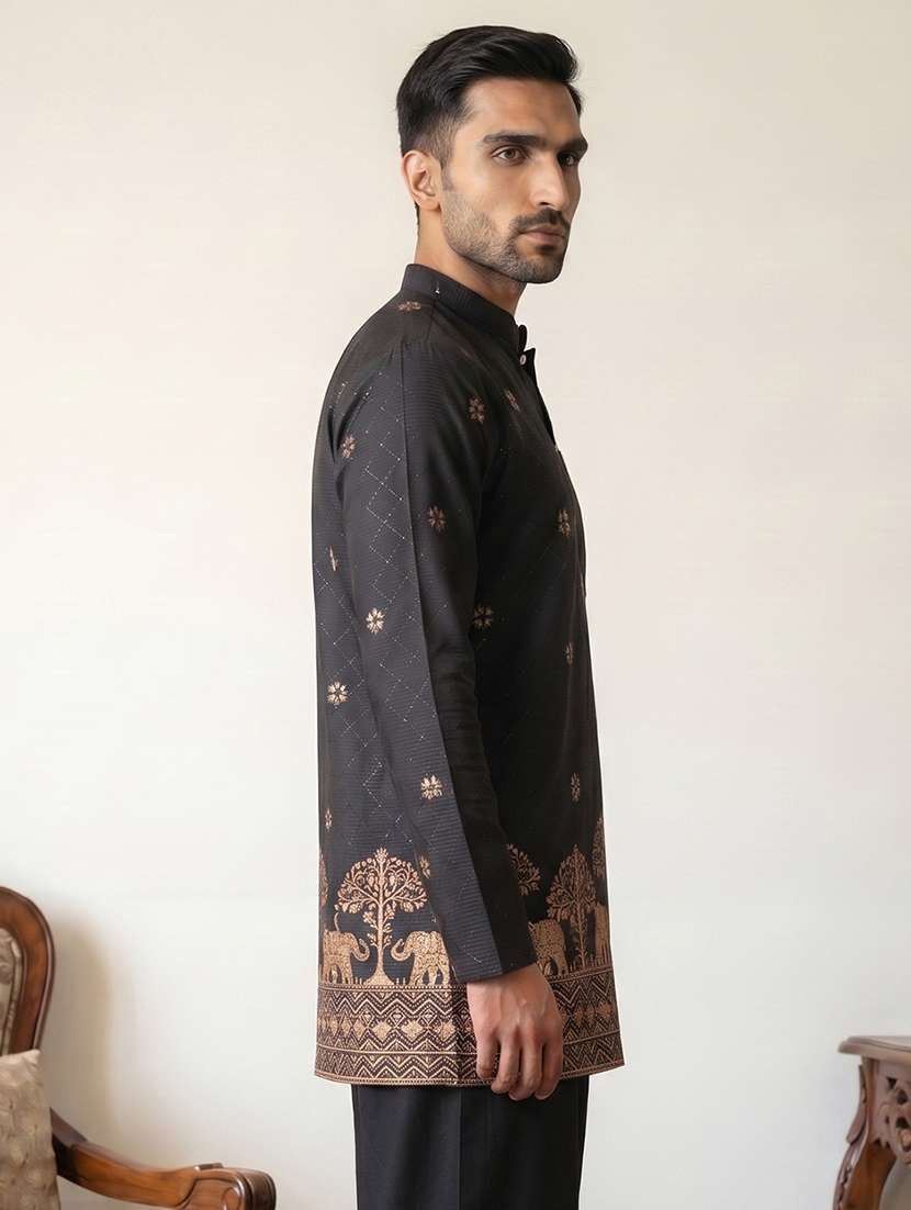 men solid with work mandarin neck short kurta - 22595944 -  Standard Image - 3