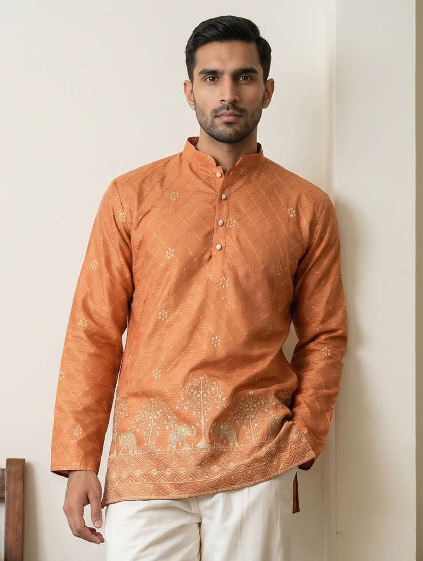 men solid with work mandarin neck short kurta
