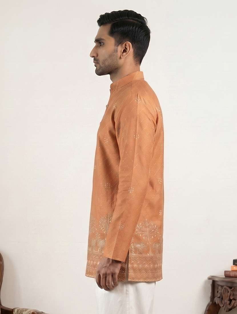 men solid with work mandarin neck short kurta - 22595945 -  Standard Image - 3
