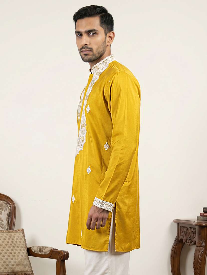 men solid with work mandarin neck short kurta - 22595947 -  Standard Image - 3