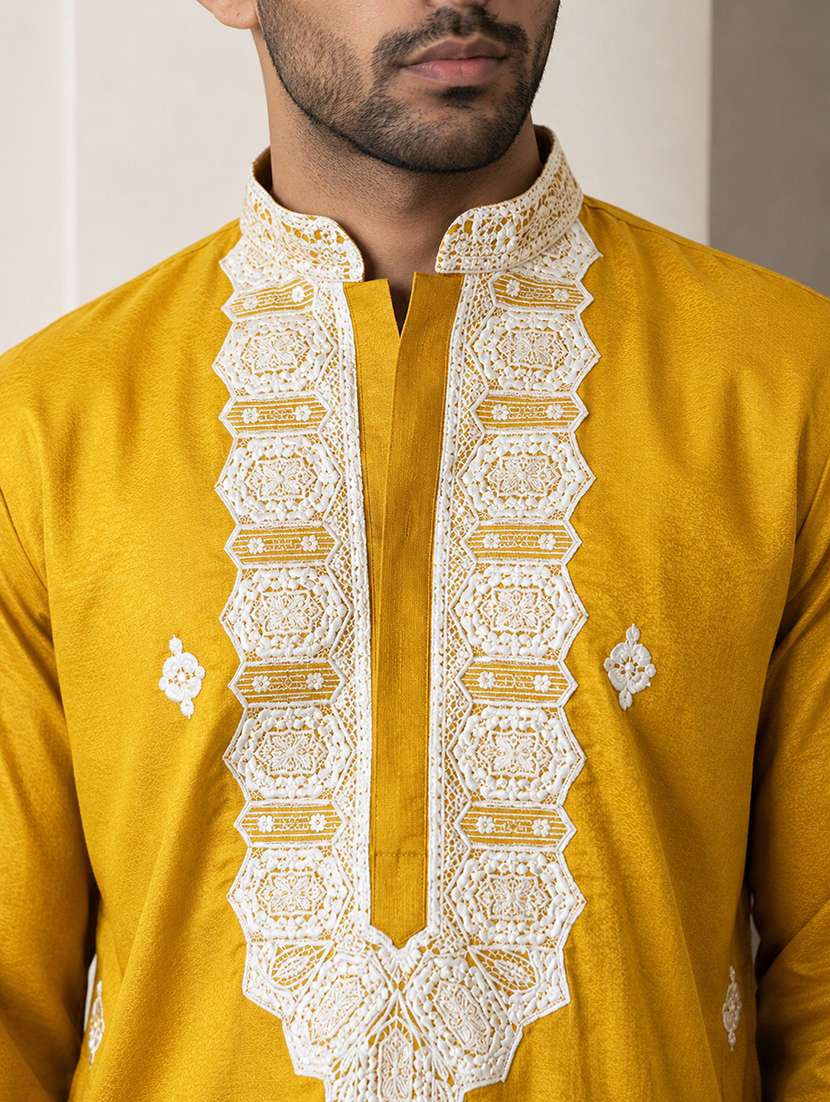men solid with work mandarin neck short kurta - 22595947 -  Standard Image - 5