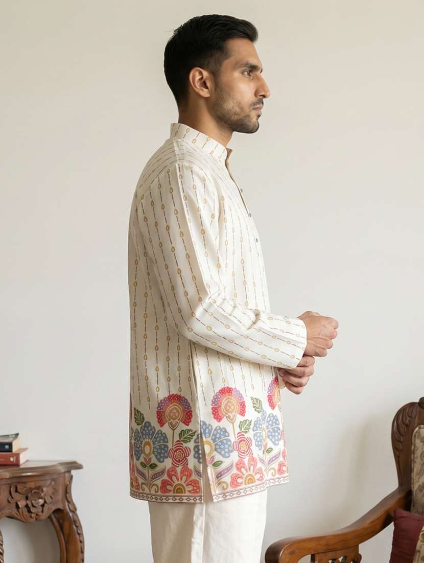 men printed mandarin neck short kurta - 22595950 -  Standard Image - 3