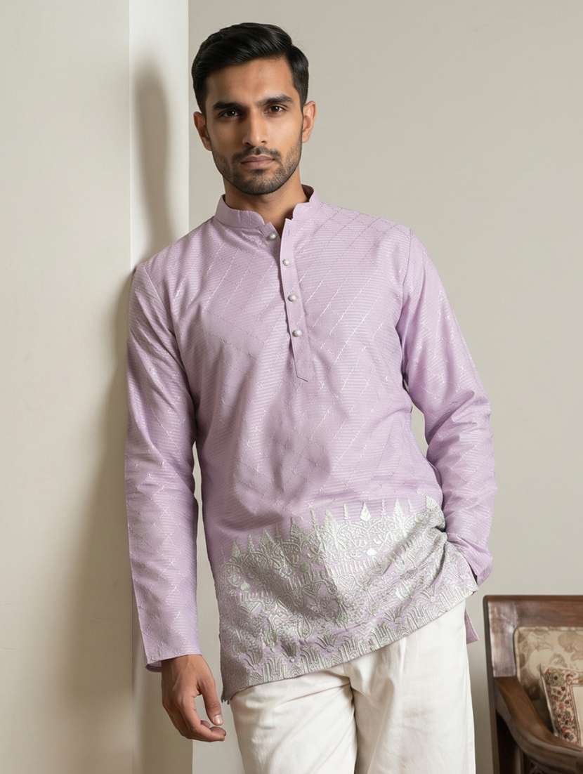 men printed mandarin neck short kurta