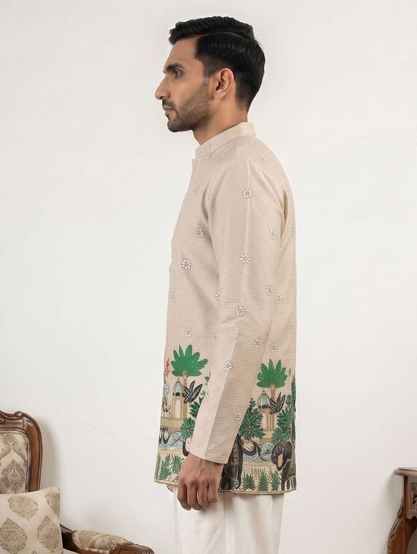Men Printed Mandarin Neck Short Kurta - 22595958 -  Standard Image - 3