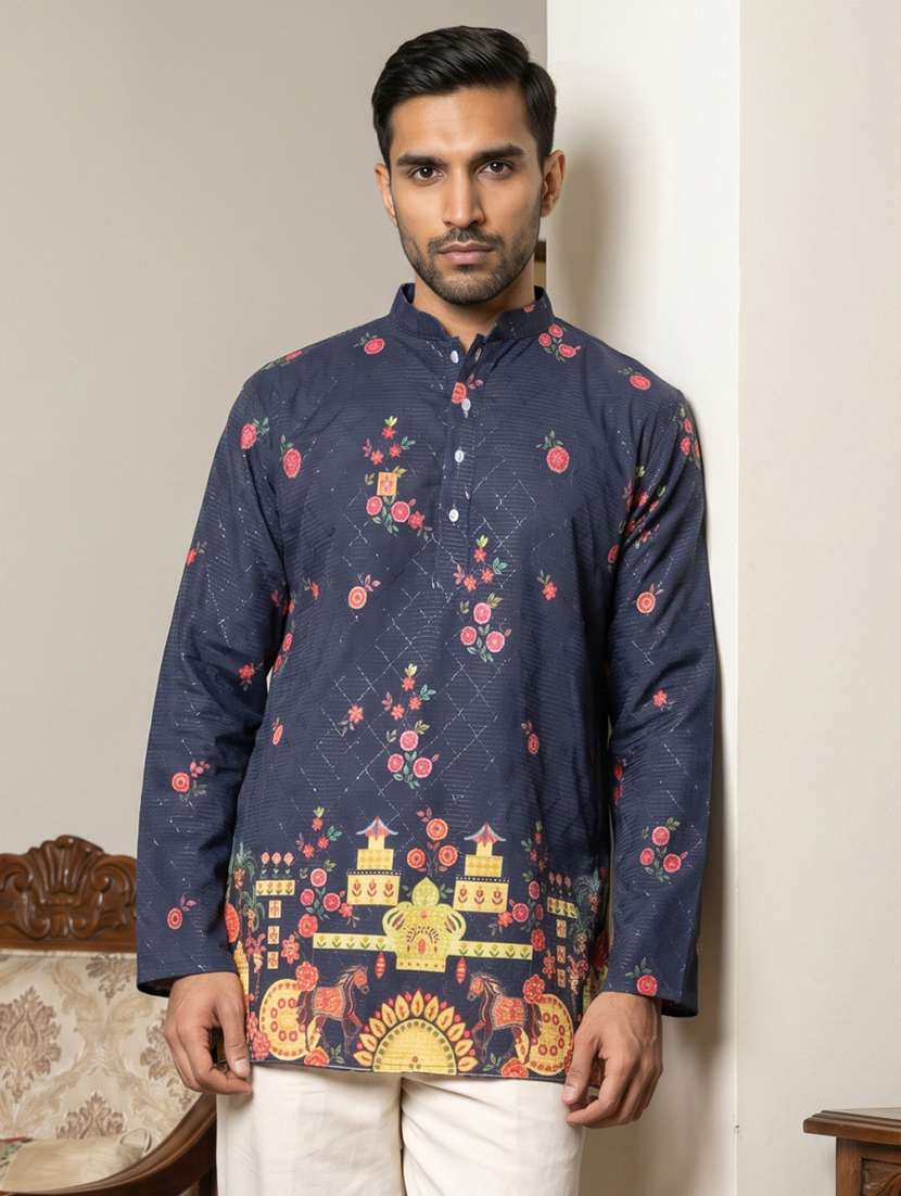 men printed mandarin neck short kurta