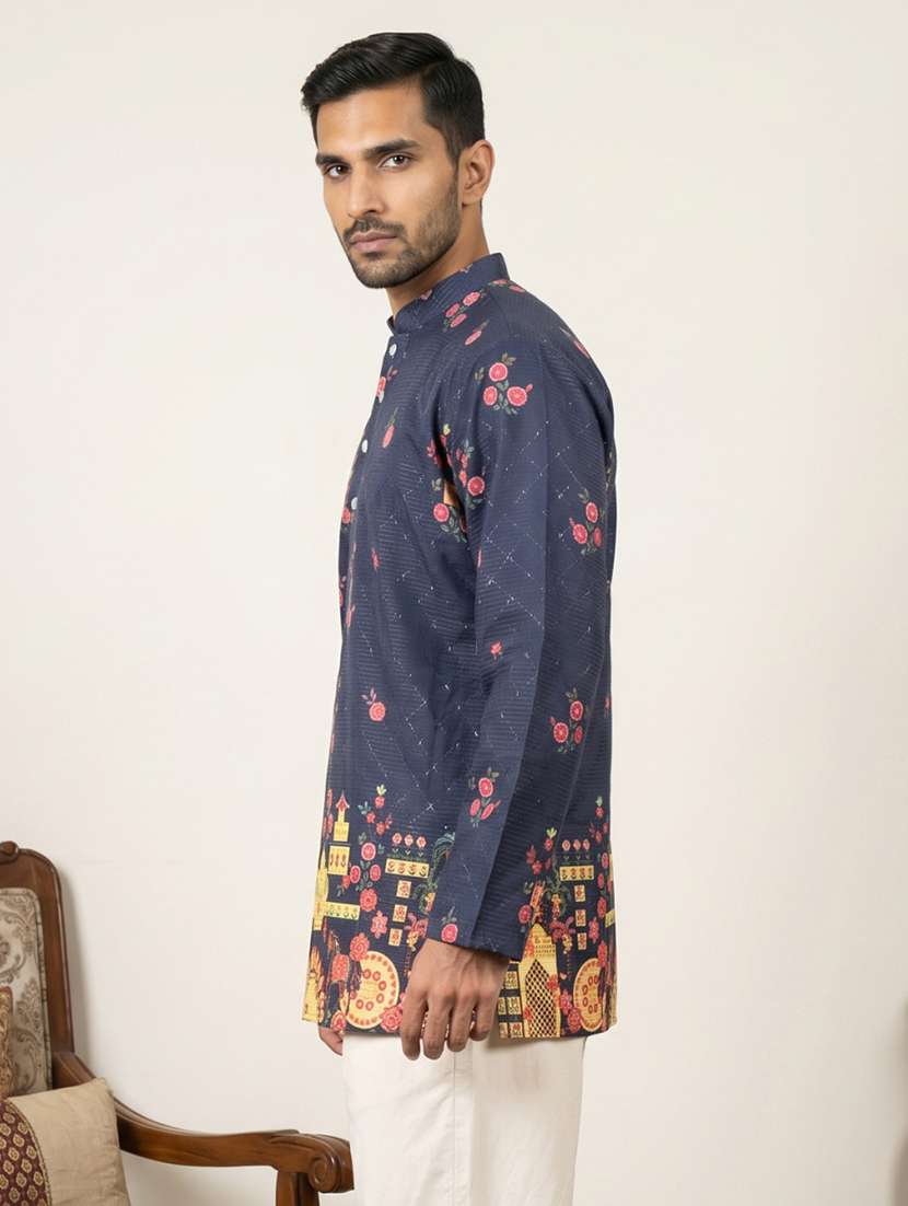 Men Printed Mandarin Neck Short Kurta - 22595959 -  Standard Image - 3