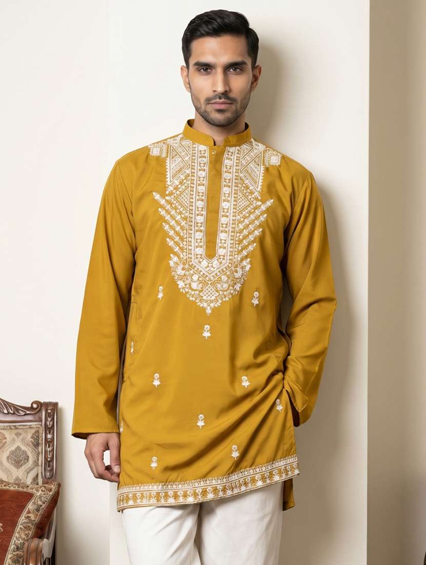 men solid with work mandarin neck short kurta