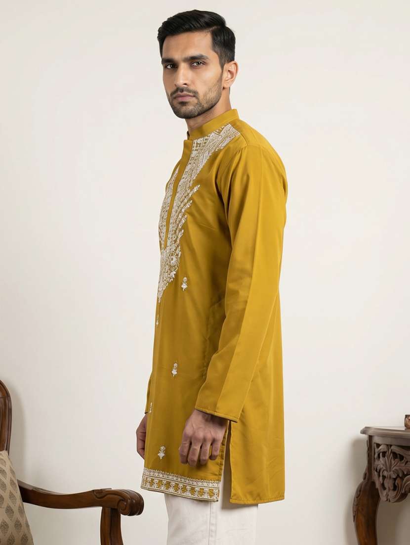 men solid with work mandarin neck short kurta - 22595961 -  Standard Image - 3