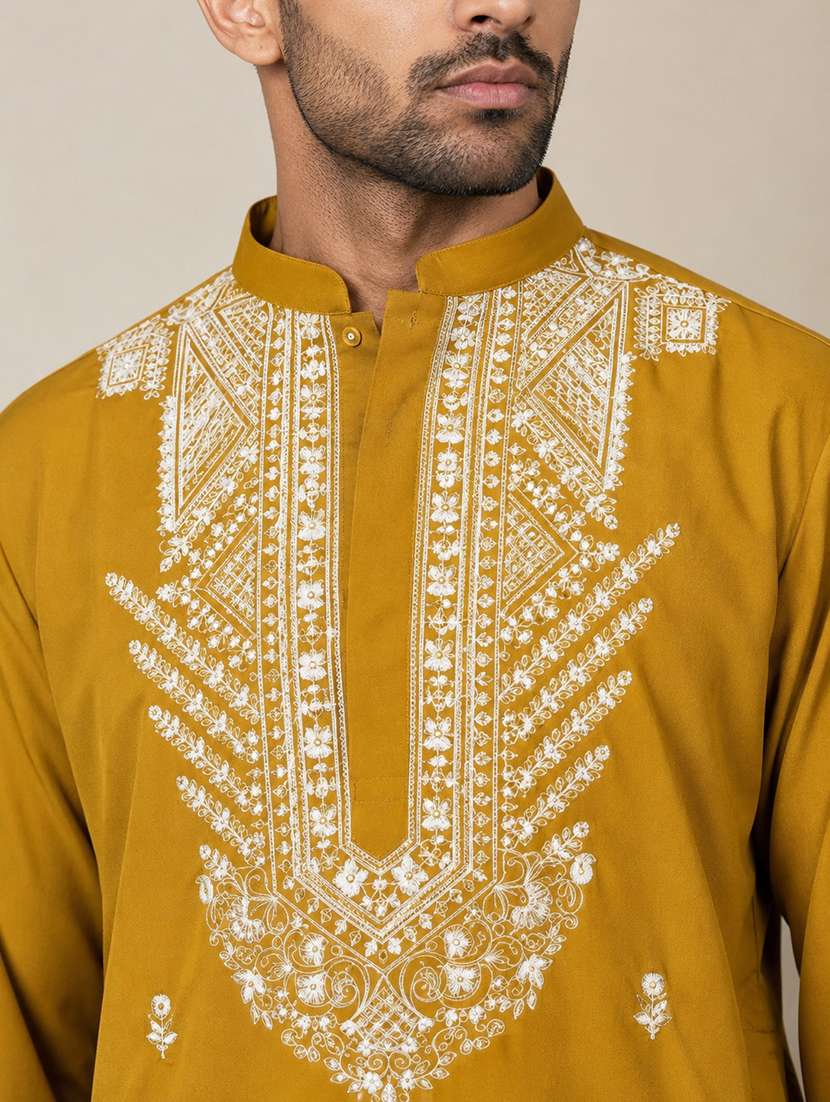 men solid with work mandarin neck short kurta - 22595961 -  Standard Image - 5