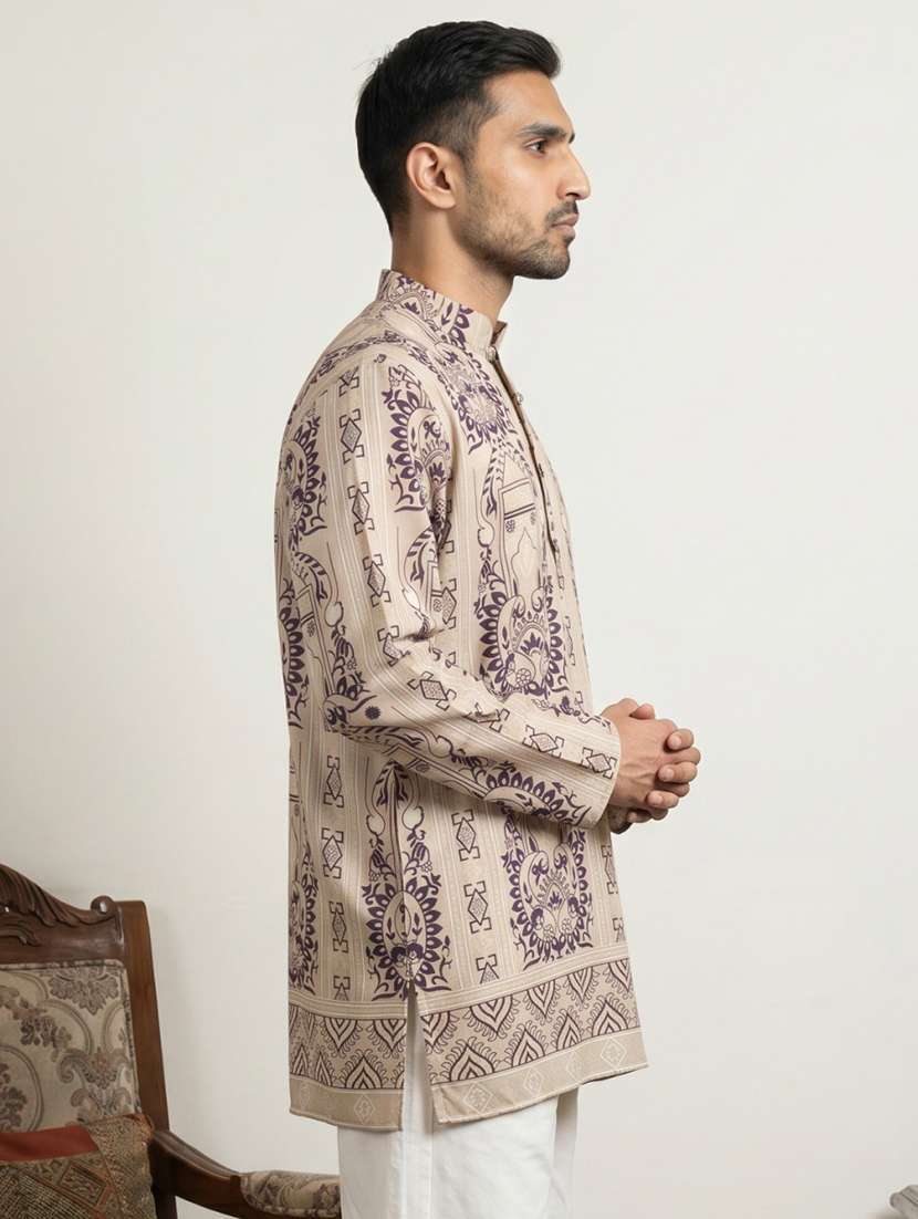 men printed mandarin neck short kurta - 22595962 -  Standard Image - 3