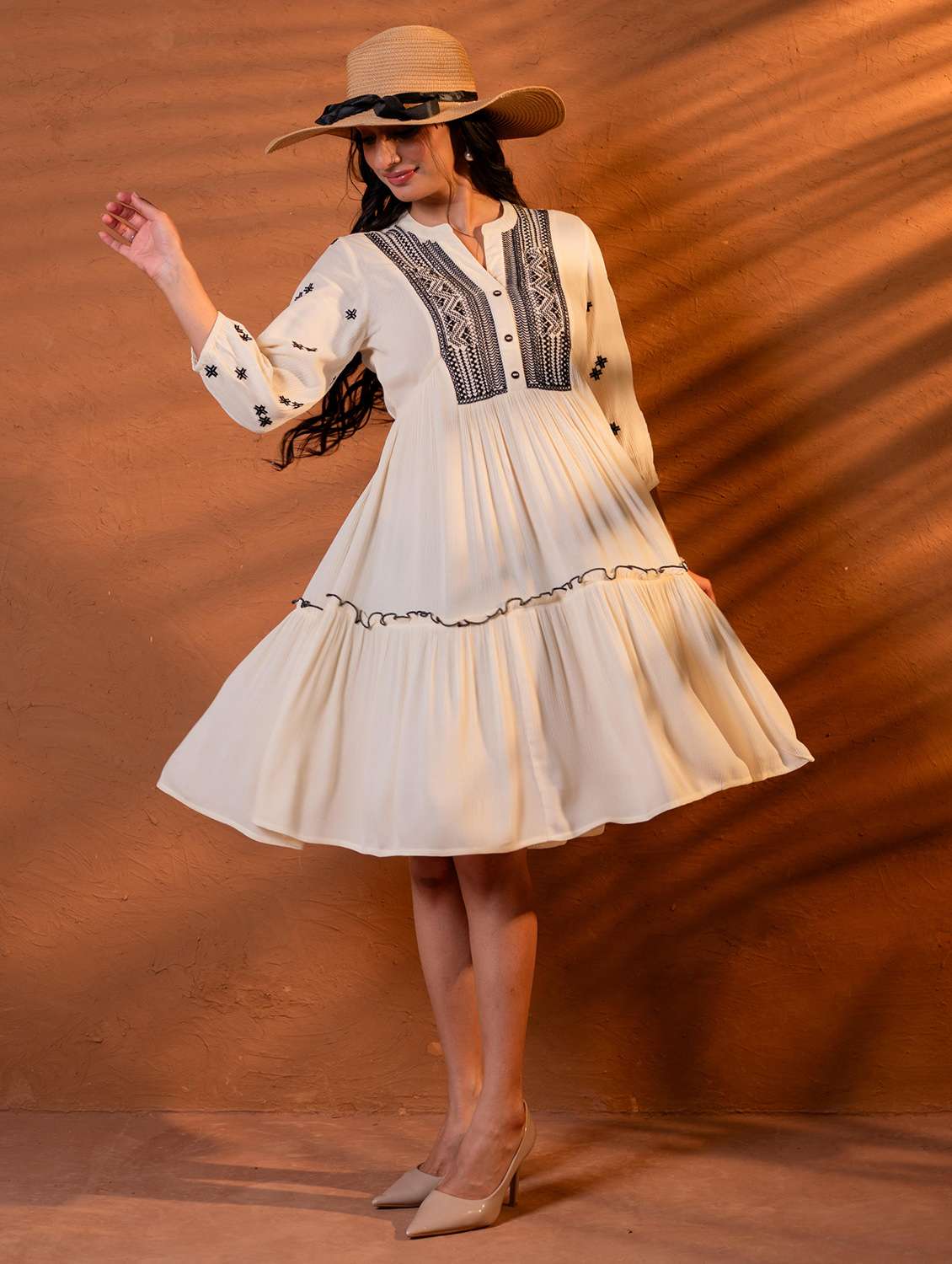 women embroidered three quarter sleeves tiered dress - 22595987 -  Standard Image - 3