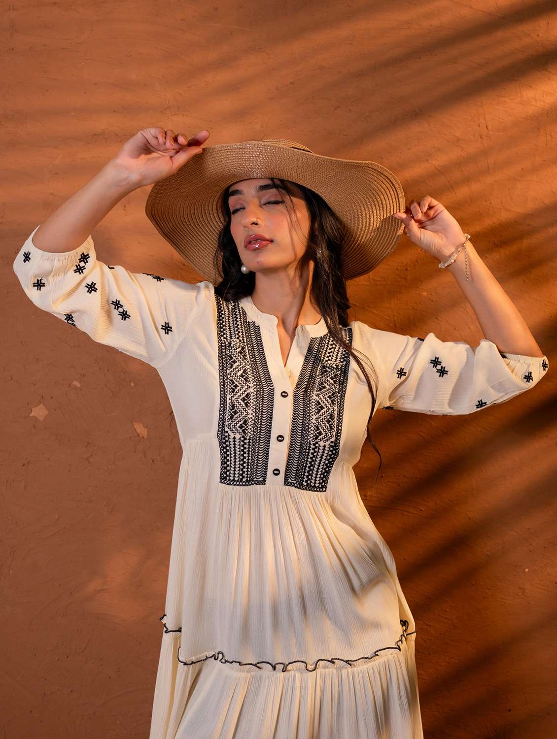 women embroidered three quarter sleeves tiered dress - 22595987 -  Standard Image - 5