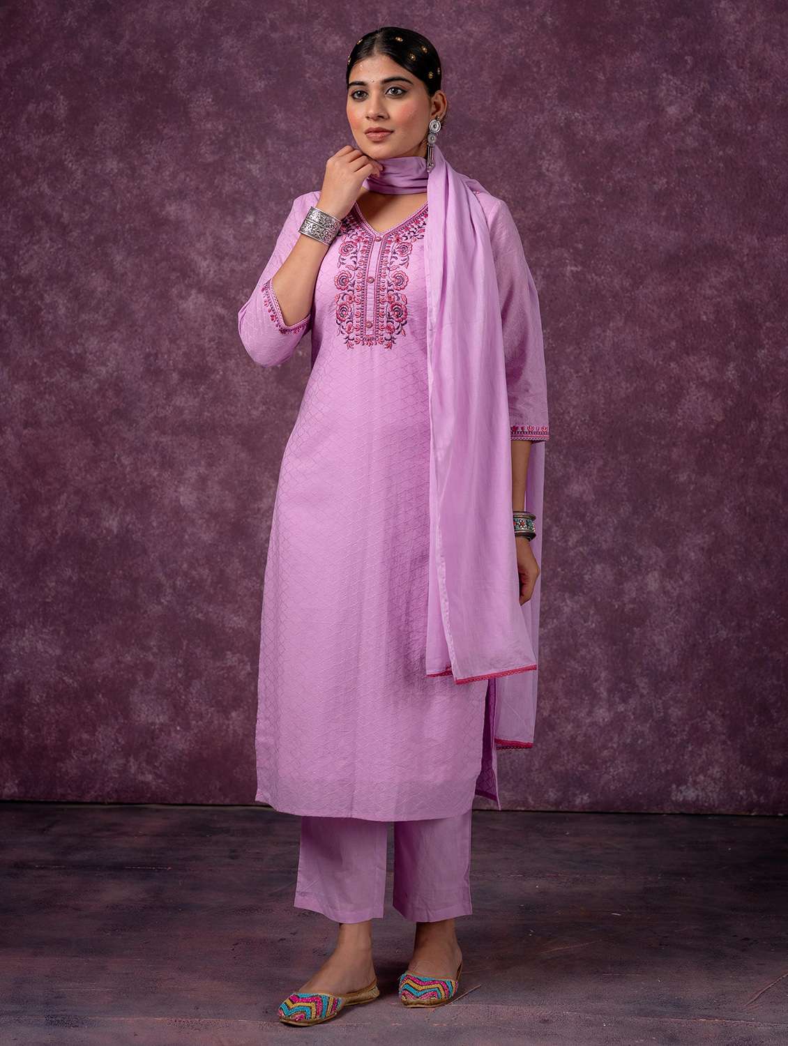 Women Self Design Three Quarter Sleeves Kurta Pant Set With Dupatta - 22596007 -  Standard Image - 3