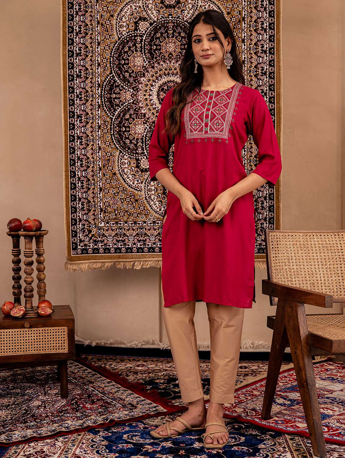 women embroidered three quarter sleeves straight kurta