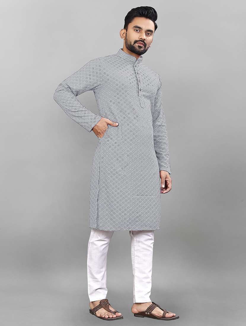Men Solid With Work Mandarin Neck Kurta Pyjama Set - 22596561 -  Standard Image - 3